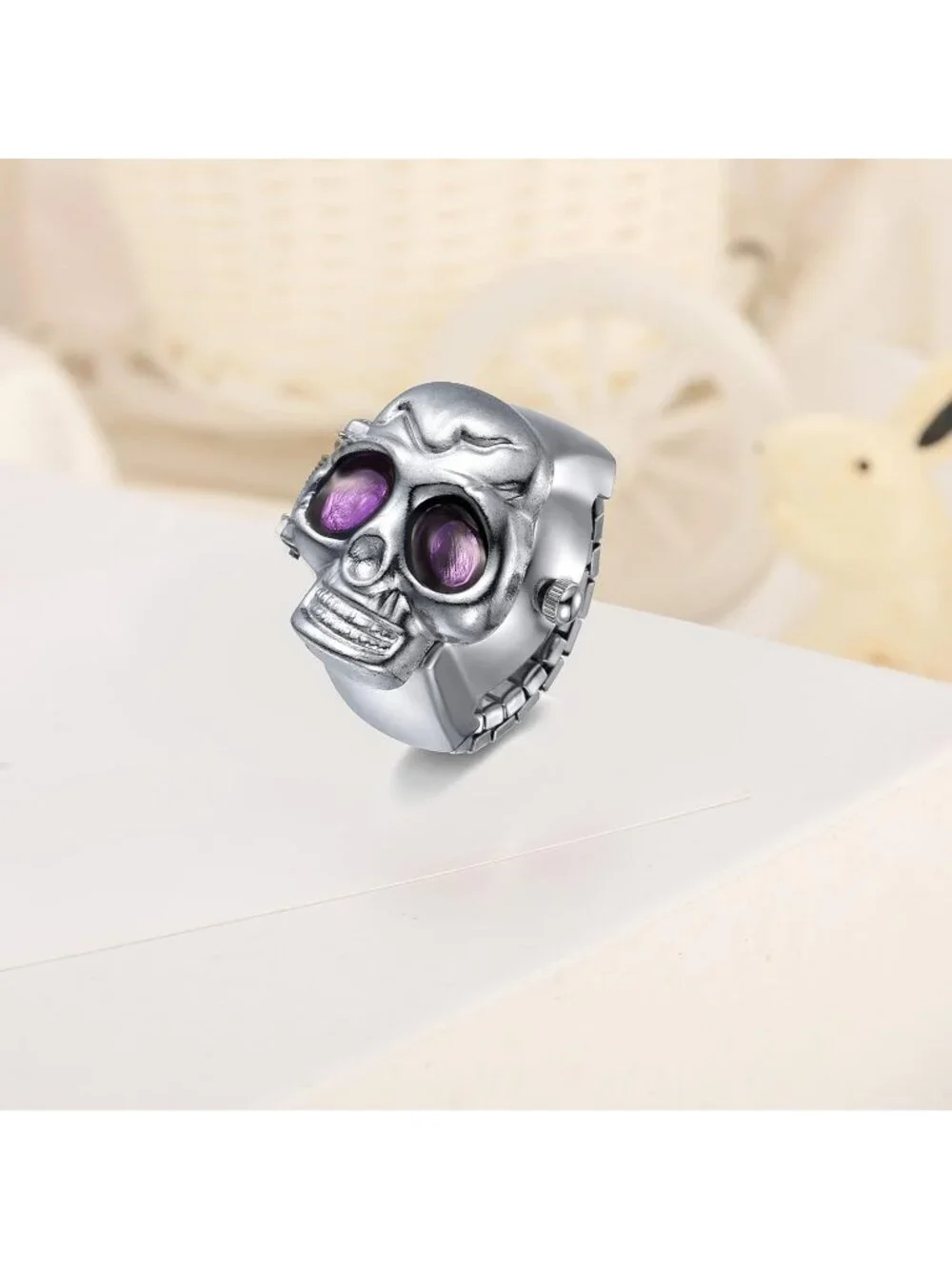 Unisex Silver Purple Analog Punk Skull Flip-Open Adjustable Finger Ring Watch